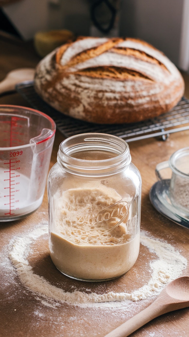 A bubbling sourdough starter in a glass jar on a wooden table with flour and a loaf of sourdough bread.